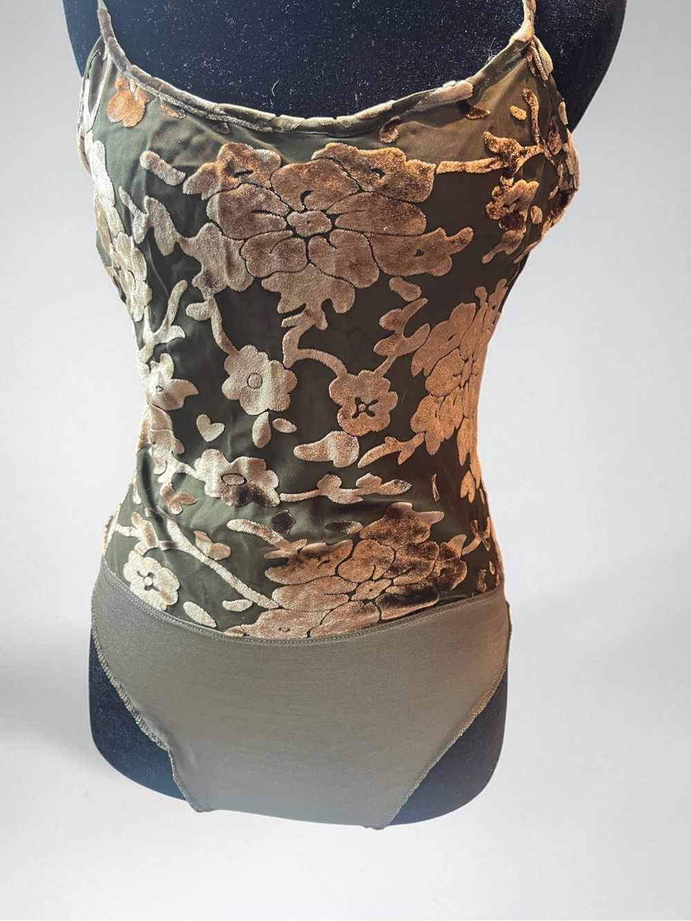 Vintage Armani Olive Green Velvet Floral Bodysuit with Champagne Velvet Appliqué